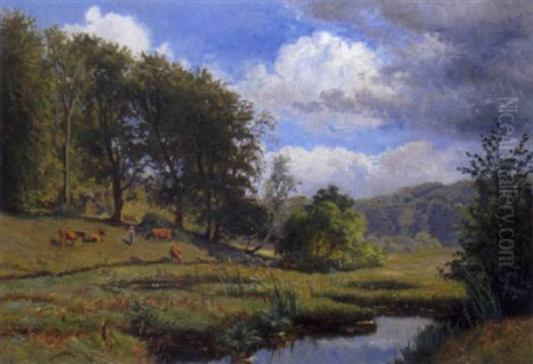 Kuhe Am Weiher Oil Painting by Olaf Viggo Peter Langer