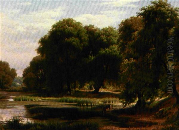 Bjergeskov Ved Lejre. Sommerdag I Skovens Udkant, Koerne Vogtes Oil Painting by Olaf Viggo Peter Langer