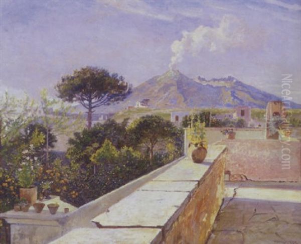 Blomstrende Traeer Og Potteplanter Pa Terrasse I Pompei I Baggrunden Vesuv Oil Painting by Olaf Viggo Peter Langer