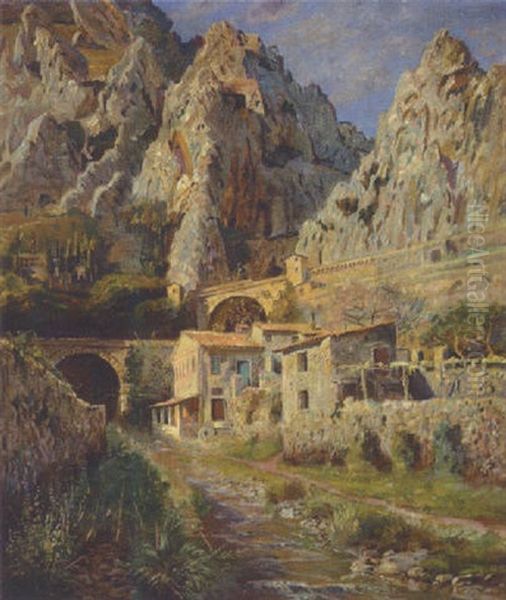 Gebirgslandschaft Mit Pont St. Louis Bei Menton Oil Painting by Olaf Viggo Peter Langer