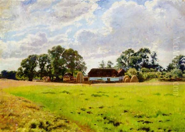 A Farmstead At Harvest Time Oil Painting by Olaf Viggo Peter Langer