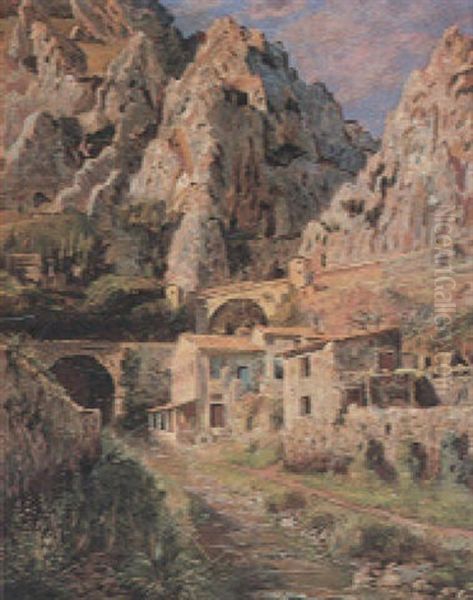 Gebirgslandschaft Mit Pont St. Louis Bei Menton Oil Painting by Olaf Viggo Peter Langer