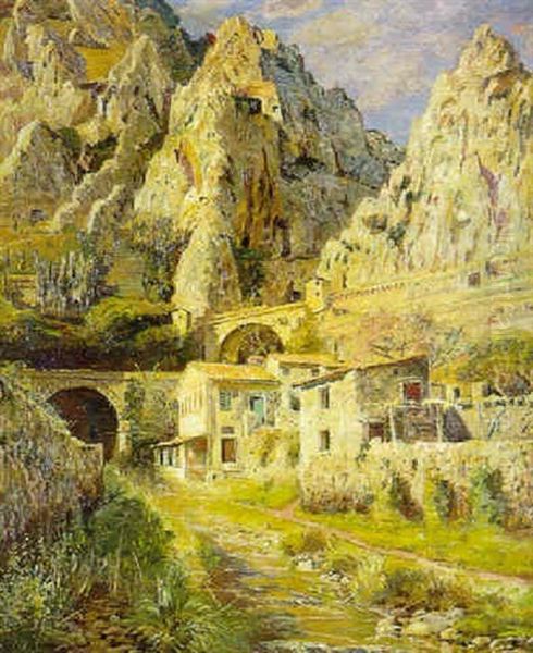 Bjergrigt Landskab Ved Pont St. Louis Naer Menton Oil Painting by Olaf Viggo Peter Langer