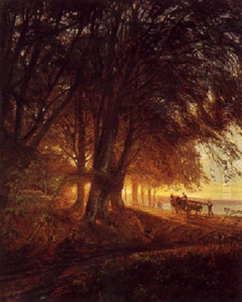 Bonder Pa Vej Hjem Gennem Skoven, Solnedgang Oil Painting by Olaf Viggo Peter Langer