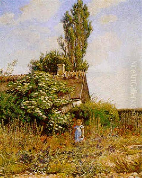 Landskab Med Lille Pige Der Plukker Blomster Oil Painting by Olaf Viggo Peter Langer