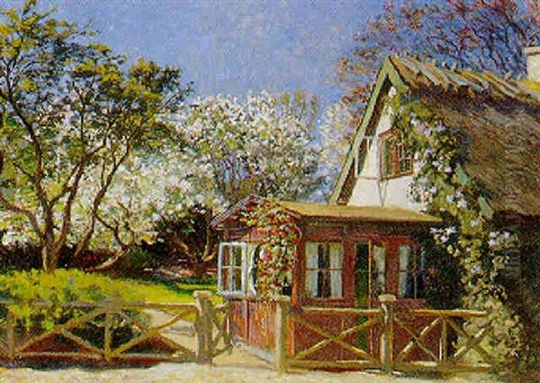 Blomstrende Frugttraeer Ved Et Strataekt Hus Oil Painting by Olaf Viggo Peter Langer