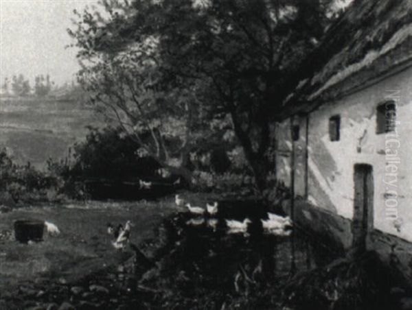 Enten Am Teich Vor Dem Gehoft Oil Painting by Olaf Viggo Peter Langer