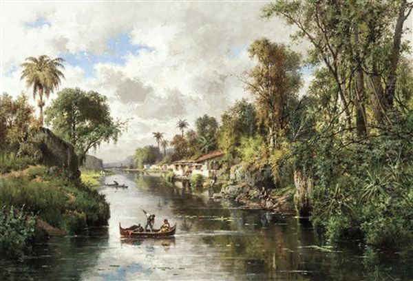 Vue Animee Sur Une Riviere Dans Les Environs De Rio De Janeiro, Bresil Oil Painting by Henri Langerock