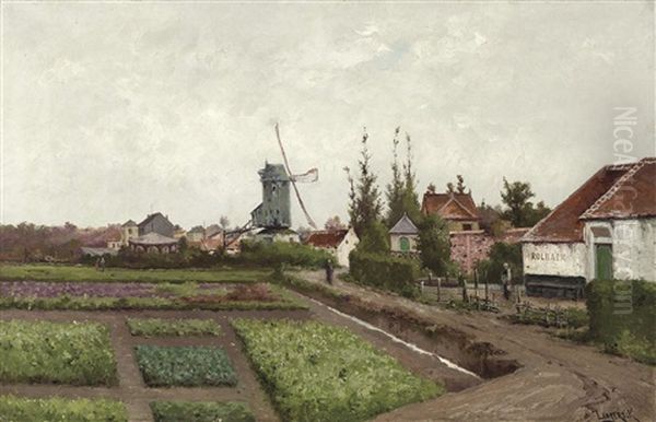 Vue De Village Avec Moulin Oil Painting by Henri Langerock