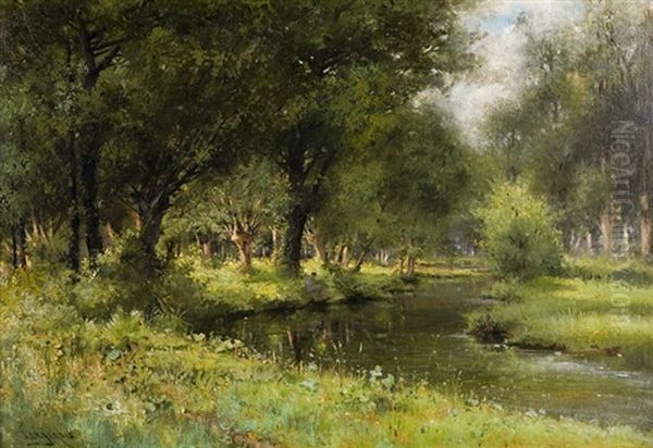 Vue Sur Le Bois Et Pecheur En Bordure De Riviere Oil Painting by Henri Langerock