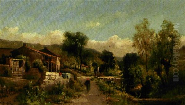 Provencalsk Landskab Med Gard, Vandlob Og Gaende Kvinde Oil Painting by Henri Langerock