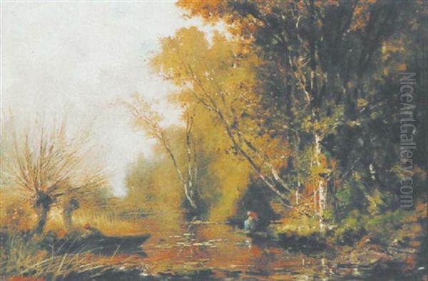 Baumreiche Flusslandschaft Mit Boot Und Wascherin Oil Painting by Henri Langerock