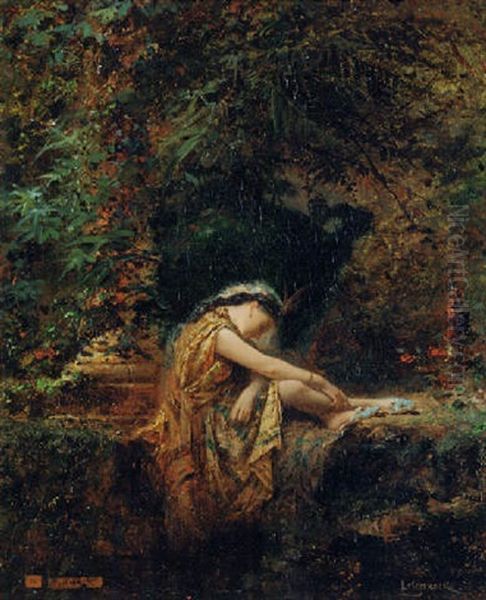 An Oriental Beauty Sleeping In A Garden Oil Painting by Henri Langerock