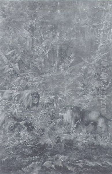 Lions In The Jungle Oil Painting by Henri Langerock