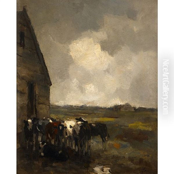 Cows In A Landscape, Storm Clearing Oil Painting by Frans Langeveld