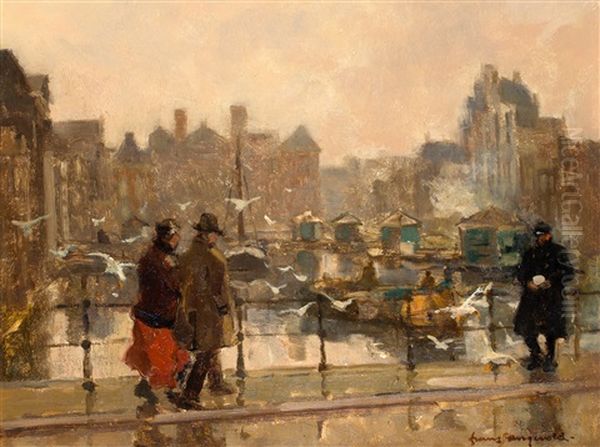 Vogels Voeren Op Het Damrak Te Amsterdam, Met Zicht Op De Beurs Van Berlage Oil Painting by Frans Langeveld