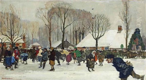 Skaters On The Brink, Laren Oil Painting by Frans Langeveld