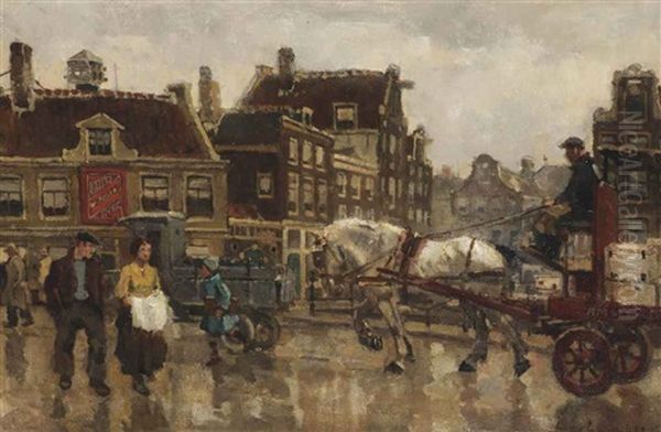 Amsterdam Street Scene Oil Painting by Frans Langeveld