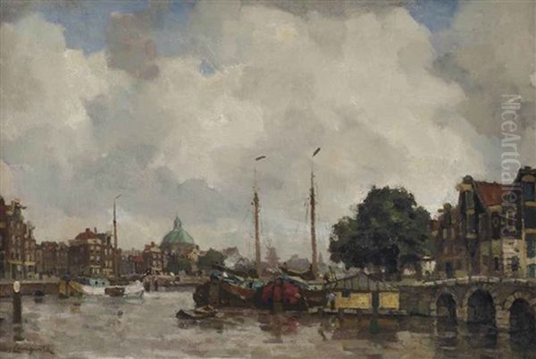 An Amsterdam Canal With The Koepelkerk Beyond Oil Painting by Frans Langeveld