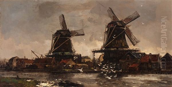 View Of Mills On A River Oil Painting by Frans Langeveld