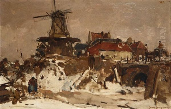 Village En Hiver Avec Moulin A Vent Oil Painting by Frans Langeveld