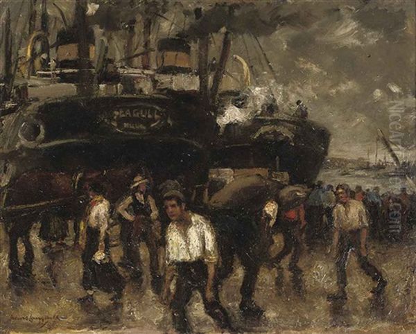 Activity In A Harbor Oil Painting by Frans Langeveld