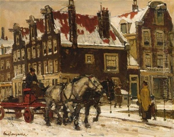 A Horse Drawn Cart On A Bridge In Wintry Amsterdam Oil Painting by Frans Langeveld