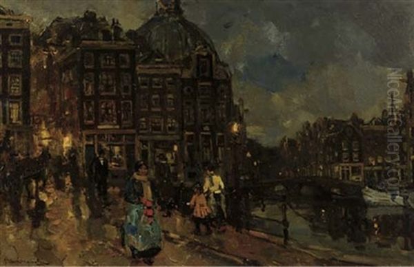 Avondstemming - On The Bridge By The Nieuwedijk And Singel, Amsterdam Oil Painting by Frans Langeveld