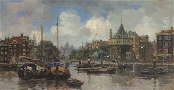 The Schreierstoren Along The Prins Hedrikkade, Amsterdam Oil Painting by Frans Langeveld