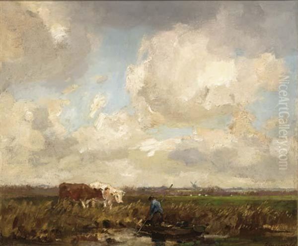 Cows In A Polder Landscape Oil Painting by Frans Langeveld