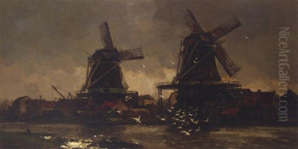 Windmills By A Riverside Oil Painting by Frans Langeveld