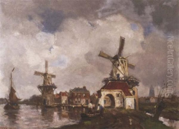 Windmills Along The River Near Dordrecht Oil Painting by Frans Langeveld