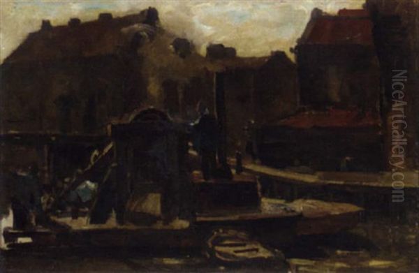 Dredging In An Amsterdam Canal Oil Painting by Frans Langeveld