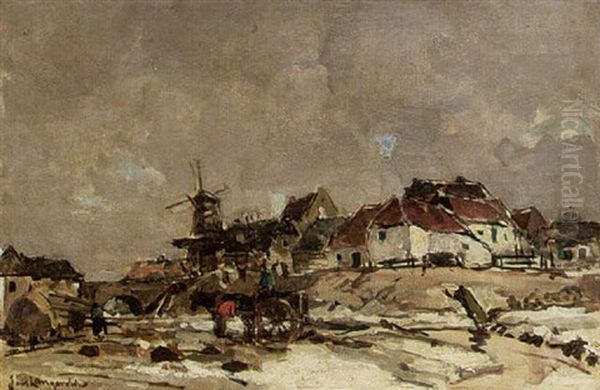 A View Of A Village With A Mill In Winter Time Oil Painting by Frans Langeveld