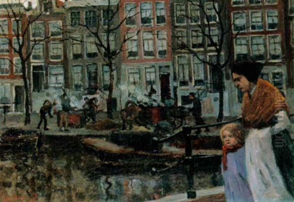 Figures By An Amsterdam Canal Oil Painting by Frans Langeveld