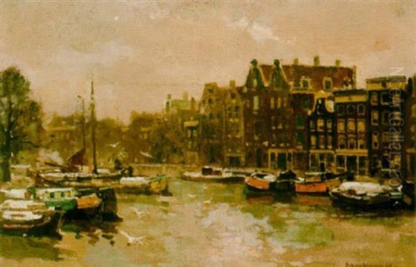 A View Of An Amsterdam Canal Oil Painting by Frans Langeveld