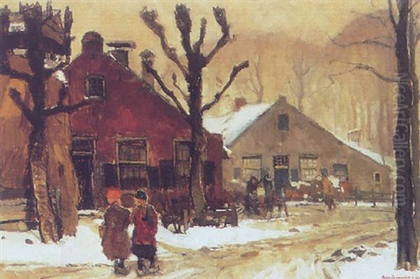 View Of De Brink, Laren, In The Snow Oil Painting by Frans Langeveld