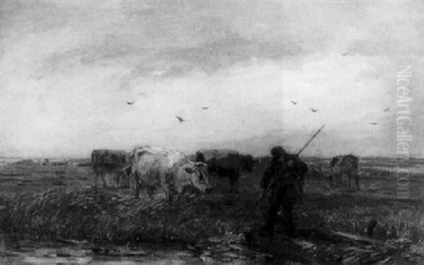 A Farmer With Cows In A Polder Landscape Oil Painting by Frans Langeveld