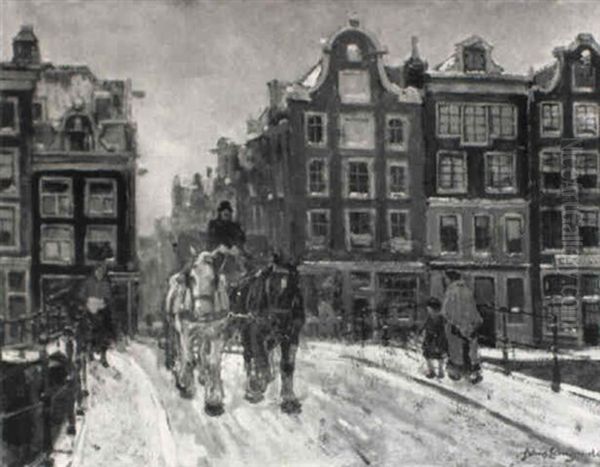 A Horse-drawn Carriage On A Snowy Bridge, Amsterdam Oil Painting by Frans Langeveld