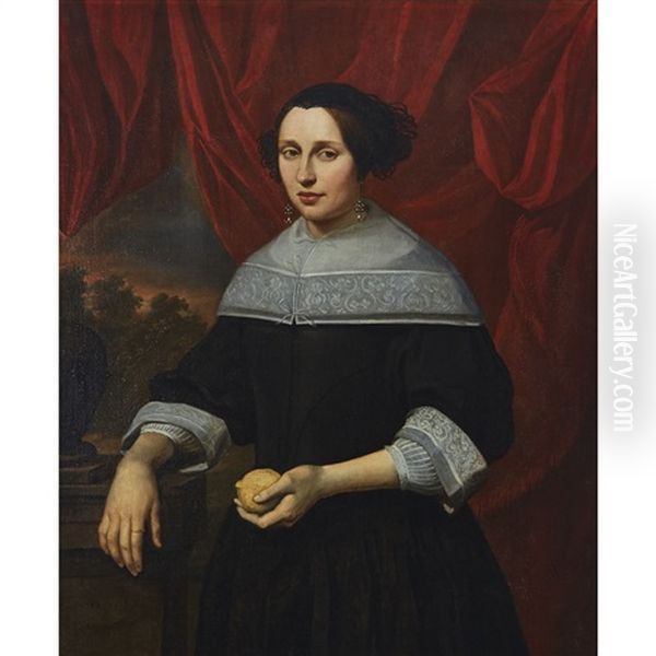 Portrait Of A Woman, Age 42, Holding A Lemon Oil Painting by Rutger van Langevelt