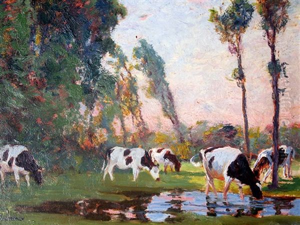 Grazing Cows At Dusk Oil Painting by Karl Langhammer