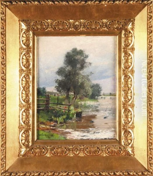 Jaskolki Nad Stawem Oil Painting by Karl Langhammer