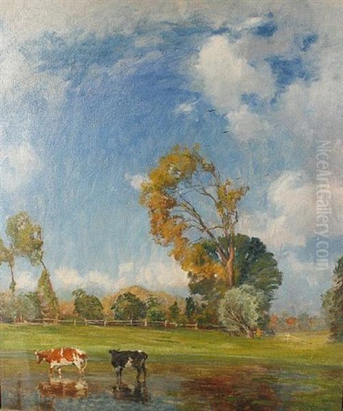 Cattle Watering On A Breezy Summer Day Oil Painting by Karl Langhammer