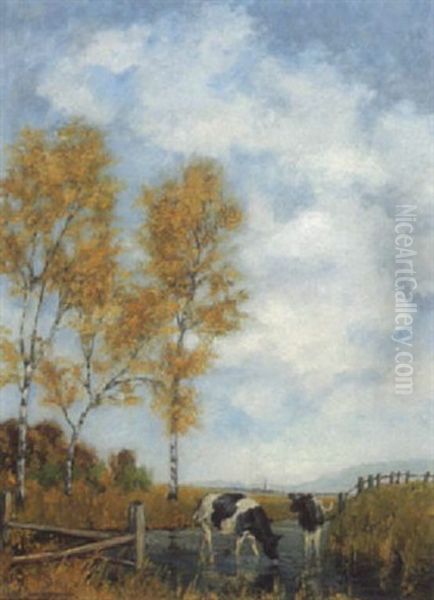 Herbstlandschaft Mit Kuhen Im Bach Oil Painting by Karl Langhammer