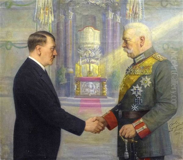 Adolf Hitler Und Reichsprasident Paul Von Hindenburg Geben Sich Die Hand In Kirchlichem Interieur Oil Painting by Carl Langhorst