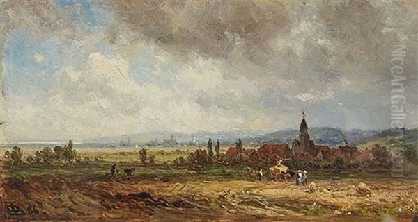 Grain Harvesting In Storm Atmosphere Oil Painting by Dietrich Langko