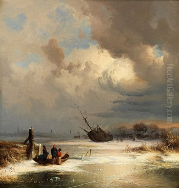 Vereiste Flusslandschaft Mit Figuren Und Schiff Oil Painting by Dietrich Langko