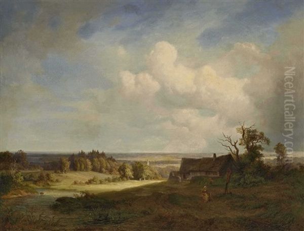 Landschaft Mit Bauernhaus Und Figurenstaffage Oil Painting by Dietrich Langko