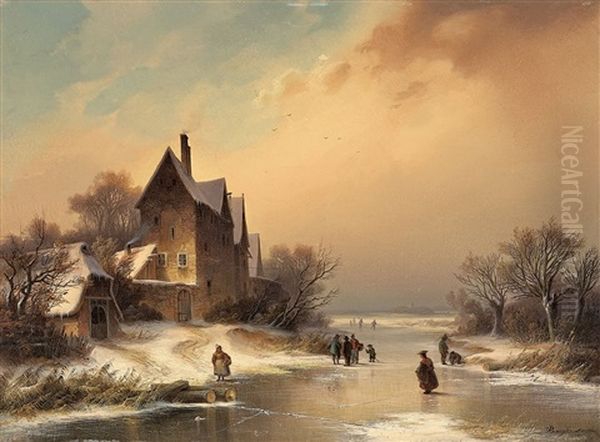 Winterlandschaft Mit Zugefrorenem Fluss Oil Painting by Dietrich Langko