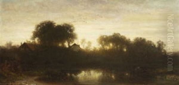 Dorf Am Weiher Im Abendlicht Oil Painting by Dietrich Langko